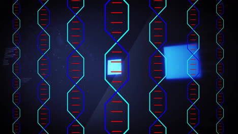 Animation-of-dna-strands-over-data-processing-on-black-background