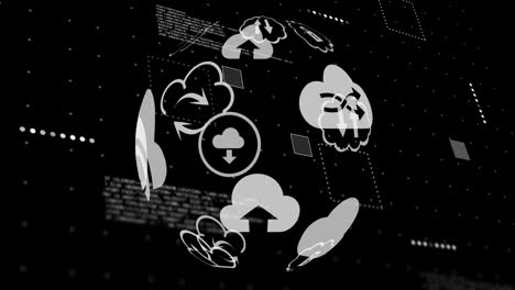 Animation-Eines-Globus-Mit-Wolkensymbolen-Und-Datenverarbeitung-Auf-Schwarzem-Hintergrund