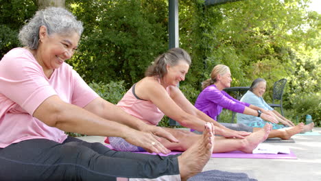 Mujer-Birracial-Senior-Y-Grupo-Diverso-Practicando-Yoga-Al-Aire-Libre