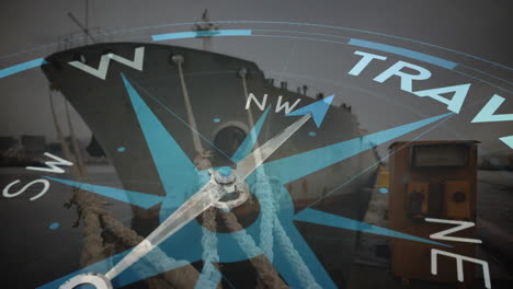 Animation-Eines-Kompasses-Mit-Pfeil,-Der-Auf-Einen-Reisetext-über-Einem-Schiff-Im-Dock-Zeigt
