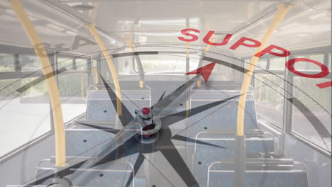 Animation-of-compass-with-arrow-pointing-to-support-text-over-passenger-seats-on-bus