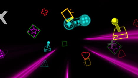 Animation-of-neon-video-game-icons-on-black-background
