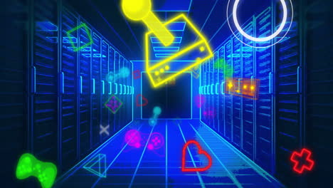Animation-Von-Neon-Videospielsymbolen-über-Einem-Neontunnel-Auf-Schwarzem-Hintergrund