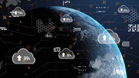 Animation-of-cloud-icons-with-arrow-and-data-processing-over-globe