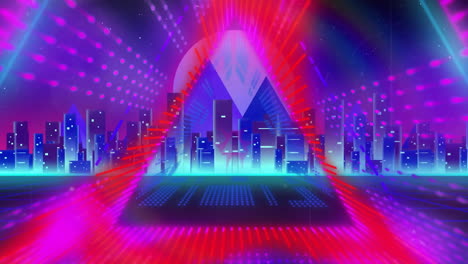Animation-Eines-Digitalen-Tunnels-Und-Einer-Neonfarbenen-Stadtlandschaft