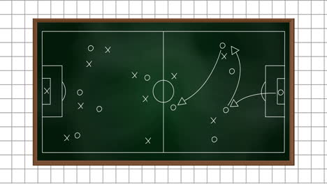 Animation-of-football-sports-field-with-tactics-and-strategy-drawings-on-ruled-paper-background