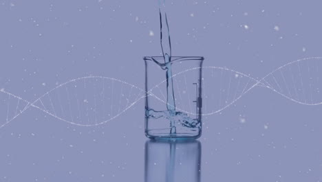 Animation-Von-DNA-Und-Partikeln-über-Einer-Chemischen-Lösung,-Die-Im-Labor-In-Einen-Becher-Gegossen-Wird