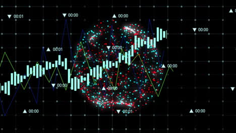 Animation-of-financial-data-processing-and-globe-with-connections-over-black-background