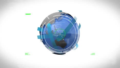 Animation-Des-Zielfernrohrscannens-Und-Der-Datenverarbeitung-über-Einem-Globus-Auf-Weißem-Hintergrund
