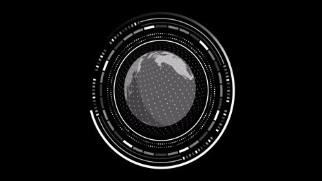 Animation-of-scope-with-globe-and-data-processing-over-black-background