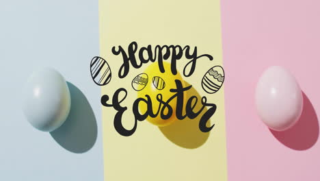 Animation-of-happy-easter-text-over-colourful-easter-eggs-on-pink,-yellow-and-blue-background
