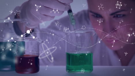 Animation-of-dna-and-element-structures-over-caucasian-female-scientist-mixing-chemicals-in-lab
