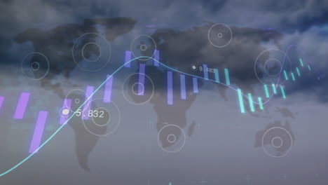 Animación-Del-Procesamiento-De-Datos-Financieros-Y-Mapa-Mundial-Sobre-El-Cielo-Con-Nubes