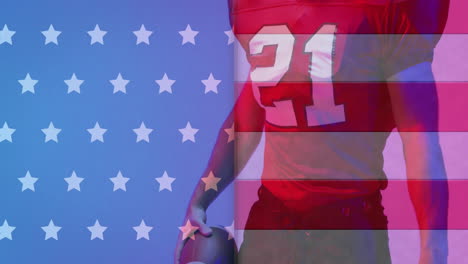Animation-of-african-american-american-football-player-with-ball-and-flag-of-usa