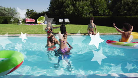 Animation-of-stars-ove-diverse-friends-in-swimming-pool