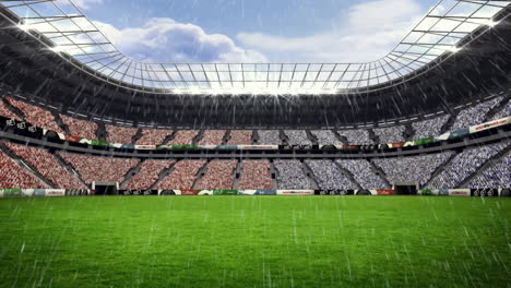 Animation-of-snow-falling-over-spectators-in-stands-at-sports-stadium-with-grass-pitch