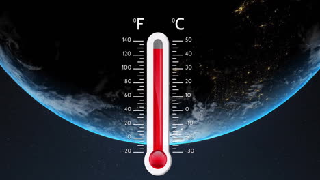 Animation-of-thermometer-and-data-processing-and-globe-over-black-background