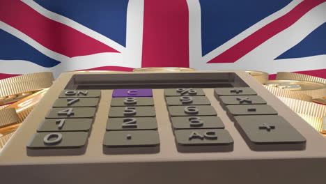 Animation-of-pound-coins-and-calculator-over-flag-of-great-britain