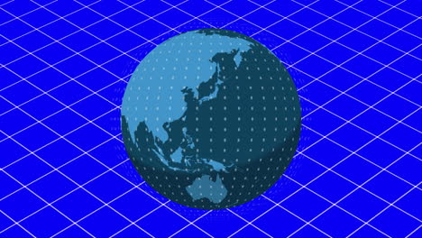 Animation-Eines-Globus-Mit-Datenverarbeitung-über-Einem-Gitter-Auf-Blauem-Hintergrund