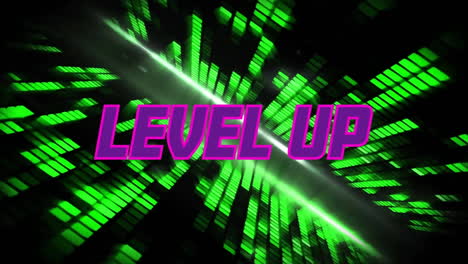 Animation-of-level-up-text-in-purple-over-flashing-green-blocks-of-light-on-dark-background