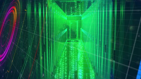 Animation-of-flashing-coloured-light-beams-and-circular-scanner-over-green-lit-server-room