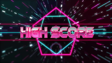 Animation-of-high-score-text-in-metallic-pink-over-neon-hexagons-and-lights-on-black-background
