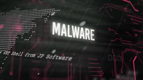 Animation-of-malware-text-and-world-map-over-black-background