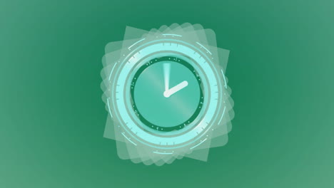 Animation-Einer-Uhr,-Die-Sich-über-Formen-Auf-Grünem-Hintergrund-Bewegt