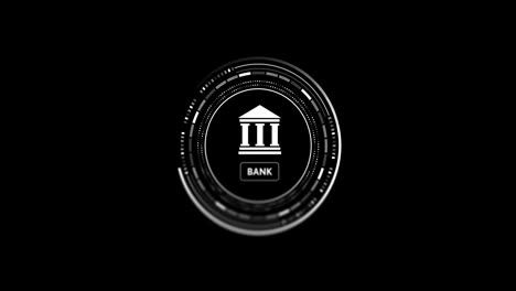 Animation-of-scope-with-bank-icon-and-data-processing-over-black-background