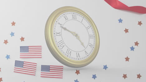 Animation-Einer-Uhr,-Die-über-Die-Flaggen-Der-USA-Läuft
