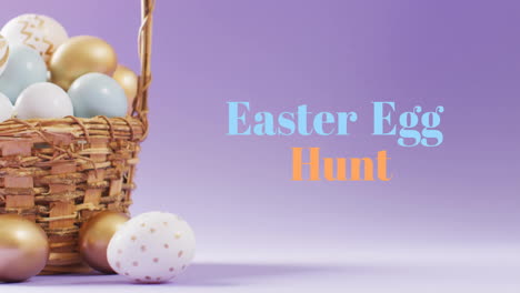 Animation-of-easter-egg-hunt-text-over-colourful-easter-eggs-in-basket-on-purple-background