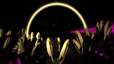 Animation-Von-Stroboskopischen-Farbigen-Lichtstrahlen-über-Neonlichtbögen-Und-Pflanzenblättern-In-Der-Nacht