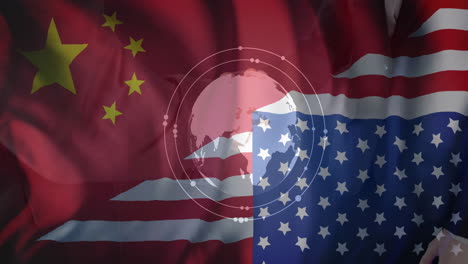 Animation-Eines-Scanners,-Eines-Globus-Und-Einer-Hand,-Die-Sich-über-Die-Flaggen-Von-China-Und-Amerika-Bewegen
