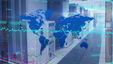 Animation-of-world-map,-digital-data-processing-over-computer-servers