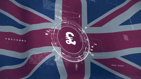 Animation-of-pound-symbol-and-data-over-flag-of-great-britain