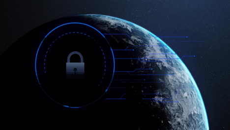 Animation-of-biometric-fingerprint-and-connection-with-padlock-over-globe-and-dark-background