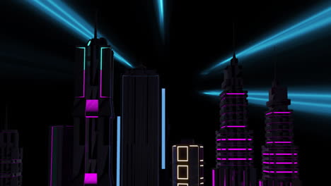 Animation-Eines-Videospielbildschirms-Mit-Neonfarbener-Stadtlandschaft-Auf-Schwarzem-Hintergrund