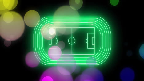Animation-of-neon-football-field-with-glowing-spots-of-light-on-black-background