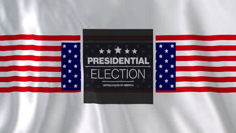 Animation-Der-Präsidentschaftswahlen,-USA-Text-über-Amerikanischen-Flaggen-Auf-Wehendem-Weißem-Hintergrund
