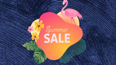 Animation-of-summer-sale-text-over-flamingo-and-leaves-over-blue-patterned-background