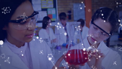 Animation-of-element-structures-over-diverse-schoolgirls-carrying-out-experiment-in-chemistry-class