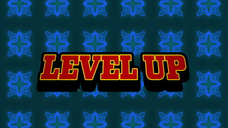 Animation-of-level-up-text-and-explosion-over-blue-kaleidoscopic-background-pattern