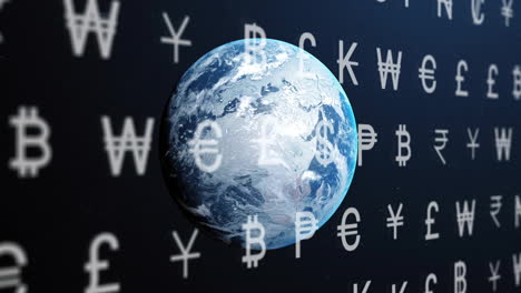 Animation-of-currency-symbols-and-digital-data-processing-over-globe-on-dark-background