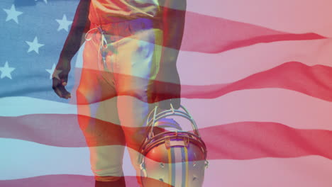 Animation-of-african-american-american-football-player-with-helmet-and-flag-of-usa