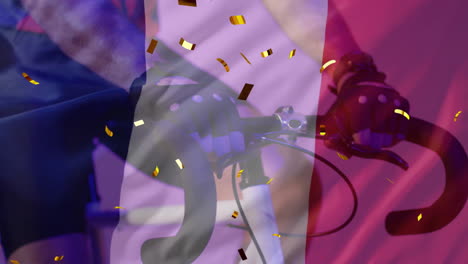 Animation-of-confetti-and-flag-of-france-over-caucasian-man-cycling
