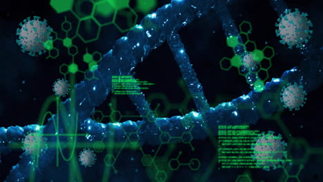Animation-of-viruses,-elements-and-data-processing-over-dna-on-black-background