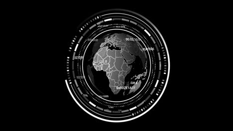 Animation-of-globe-with-data-processing-over-black-background