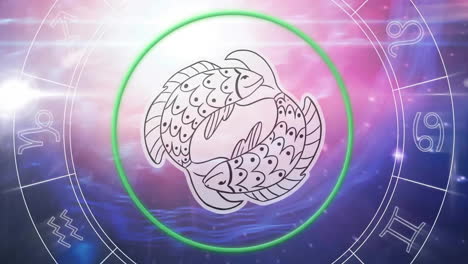 Animation-of-pisces-zodiac-sign-with-horoscope-wheel-on-purple-background