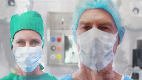 Animation-of-data-processing-over-diverse-surgeons-in-face-masks-in-hospital