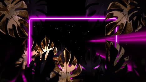 Animation-Von-Blinkenden-Lichtstrahlen-Und-Rosa-Neonrahmen-Mit-Blättern-Auf-Schwarzem-Hintergrund